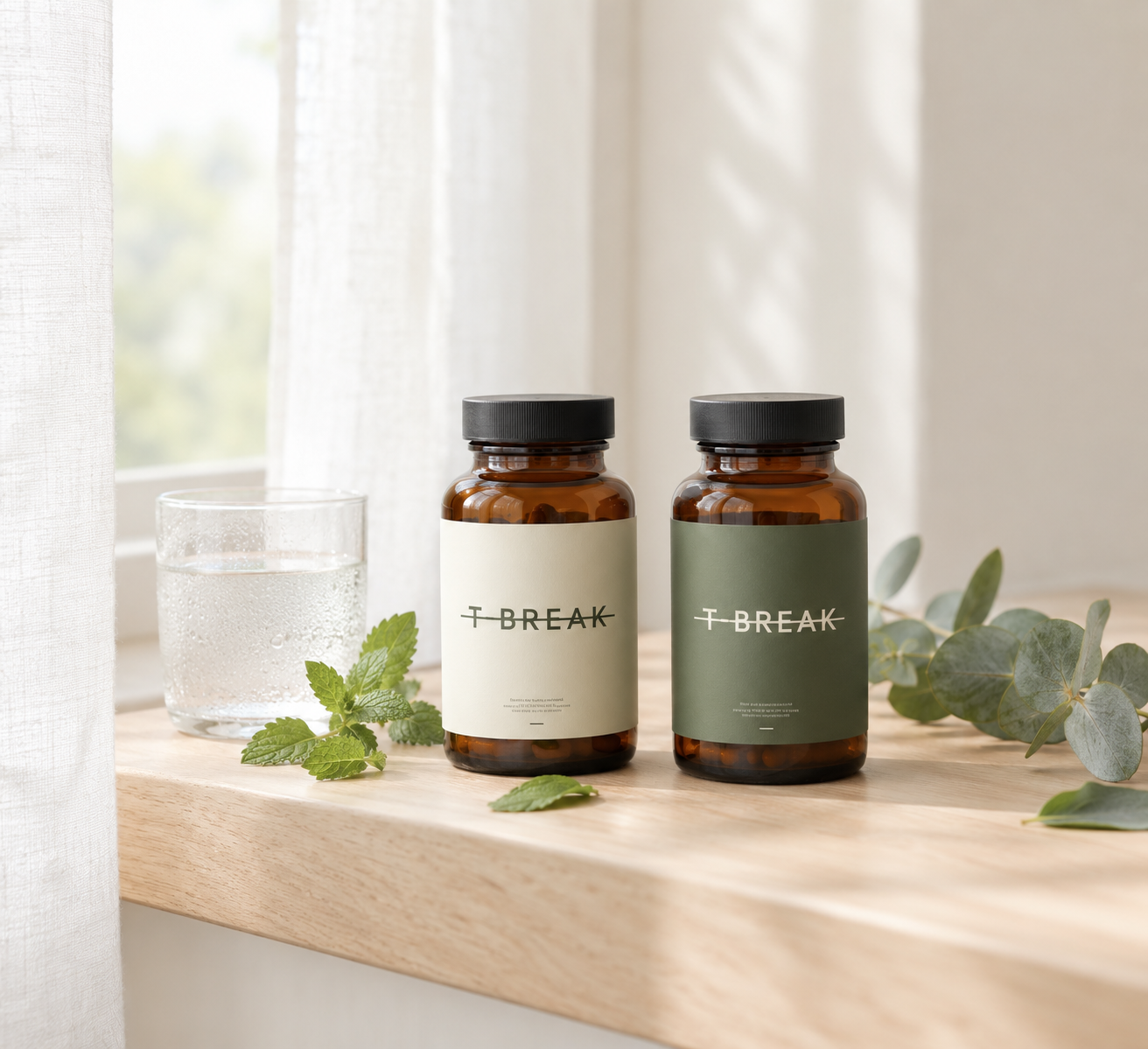 Two amber T-BREAK bottles on a wooden nightstand